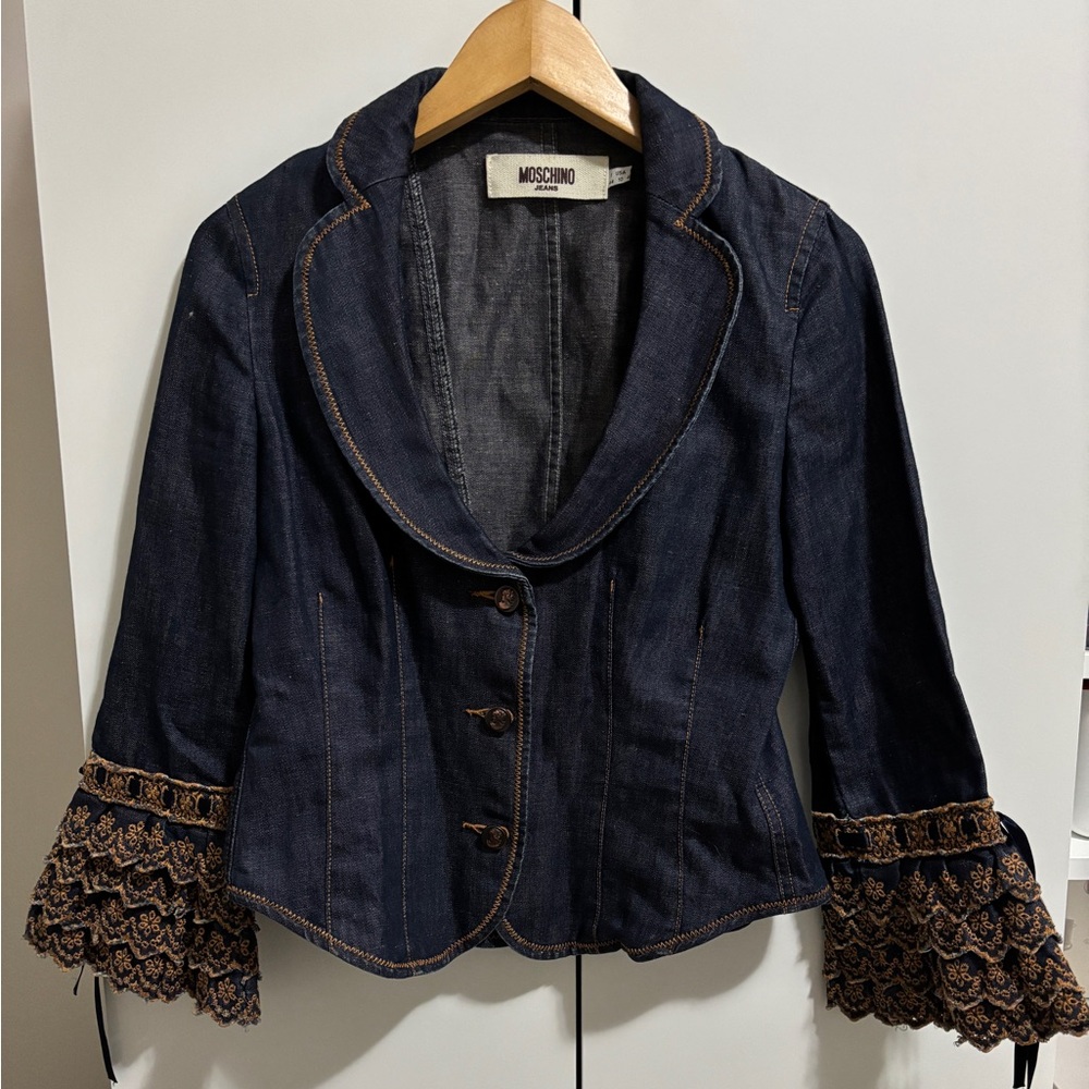 Moschino Denim Blazer with Frilled Sleeves